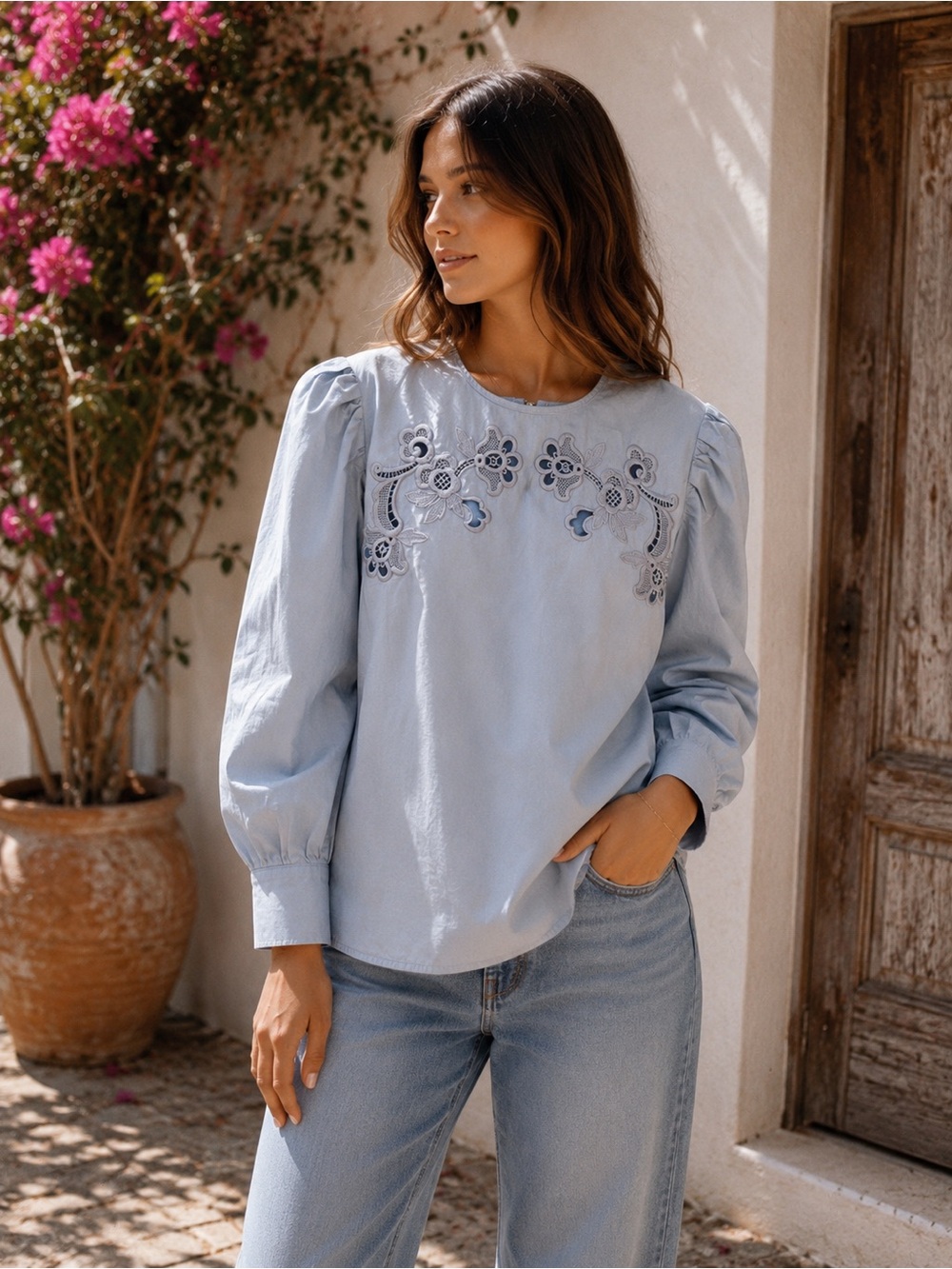 Sandro Pale Blue Embroidered Cotton Puff-Sleeve Blouse